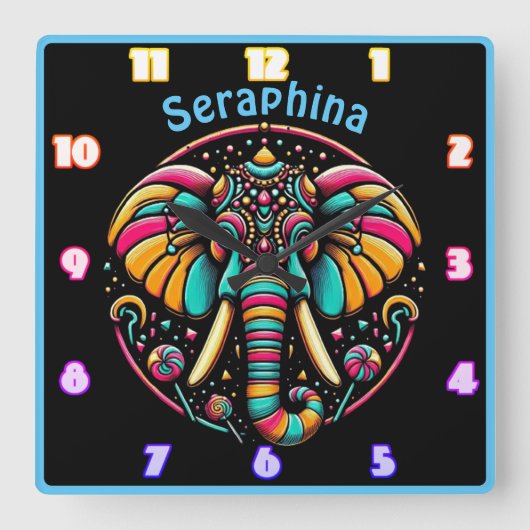 飾カラフルり付け鮮やかの象 スクエア壁時計 (正面)