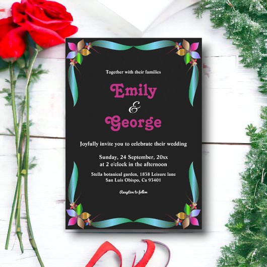 飾モダンり光沢のある黒シックなフローラ結婚ズ 招待状
