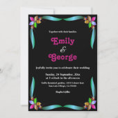 飾モダンり光沢のある黒シックなフローラ結婚ズ 招待状 (正面)