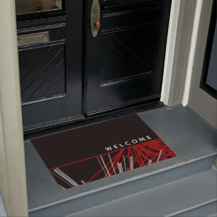 飾モダンり黒と赤のウェルカムフォーマット ドアマット