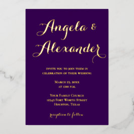 飾モダン筆ダークパープル結婚ズ 箔招待状