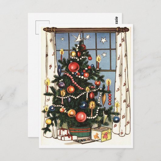飾窓のクリスマスツリー、ヴィンテージ ポストカード (正面/裏面)
