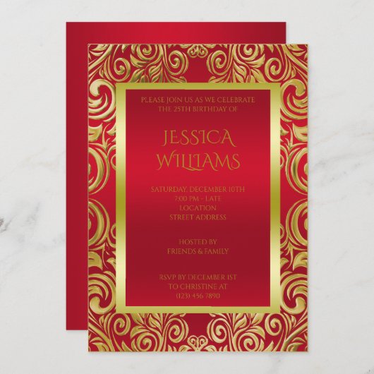 飾金ゴールドスワーズ&ルビーレッド誕生日パーティー 招待状 (正面/裏面)
