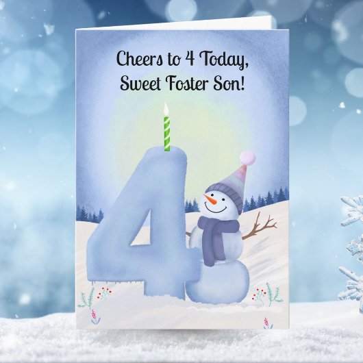 養子息子 4歳の誕生日 雪だるま 雪景色 カード