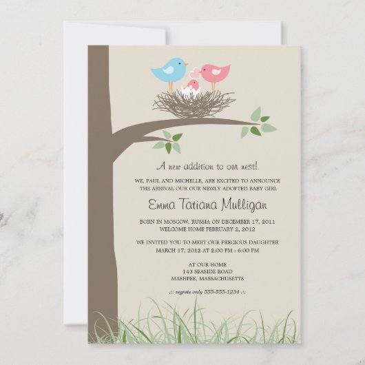 養子縁組の告知ベビー鳥の巣 招待状 (正面)