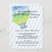 養子縁組ボーイベビーシャワー、青い熱気球 招待状 (正面/裏面)