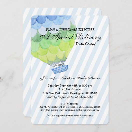 養子縁組ボーイベビーシャワー、青い熱気球 招待状 (正面/裏面)