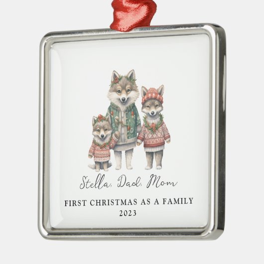 養子縁組初めてのクリスマスの家族の狼 メタルオーナメント (左)
