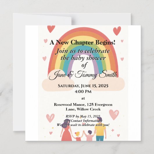 養子縁組：虹の赤ちゃんシャワー マグネット招待状 (正面)