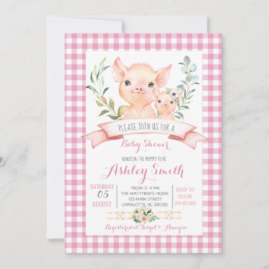 養豚場の赤ちゃんシャワー誘い出しピンクの女 招待状 (正面)
