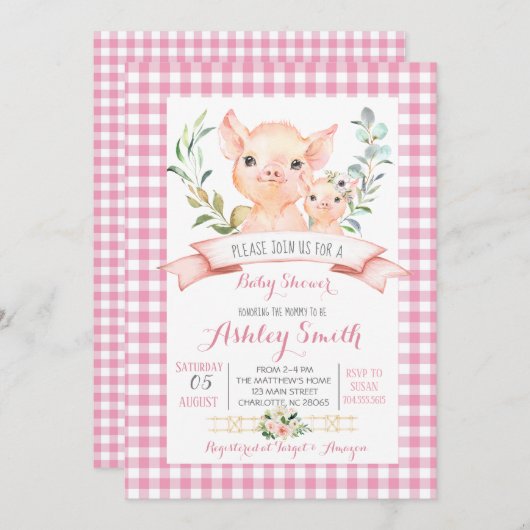 養豚場の赤ちゃんシャワー誘い出しピンクの女 招待状 (正面/裏面)
