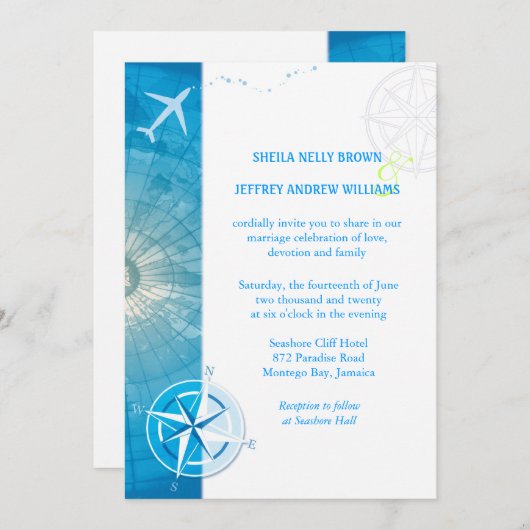 餞別の青い行先の結婚式 招待状 (正面/裏面)