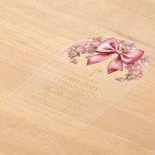 首にリボン　ファーストコミュニオン　女の子　ピンク　花柄　エレガント アクリル招待状 (レイダウン)