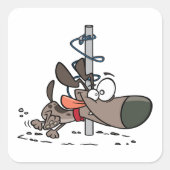 首輪でポールを絡のまわりにめた漫画の犬 スクエアシール (正面)