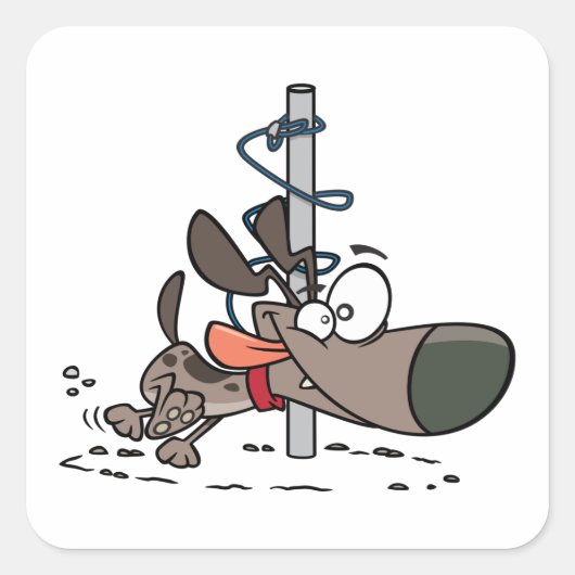 首輪でポールを絡のまわりにめた漫画の犬 スクエアシール (正面)