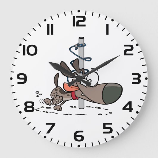 首輪でポールを絡のまわりにめた漫画の犬 ラージ壁時計 (正面)