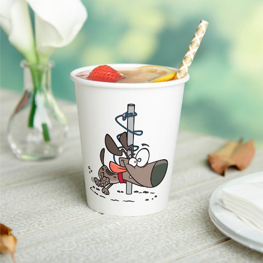 首輪でポールを絡のまわりにめた漫画の犬 紙コップ