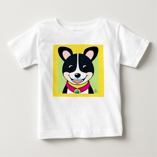 首輪図解入りの、写真付きの付き笑顔の犬 ベビーTシャツ (正面)