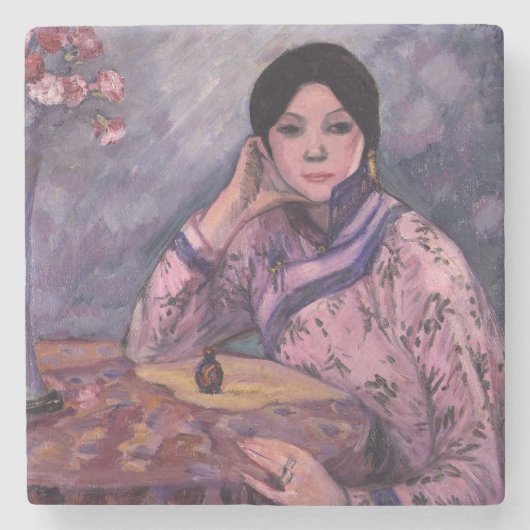 香エレガント日本の水ボトル付き女性 ストーンコースター (正面)