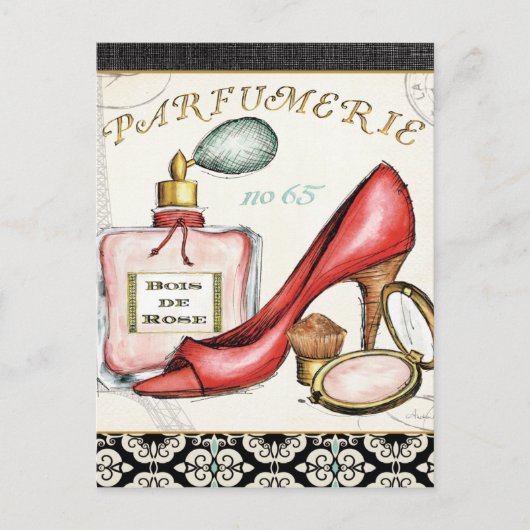 香水の赤い靴、1本、および赤面の粉 ポストカード (正面)