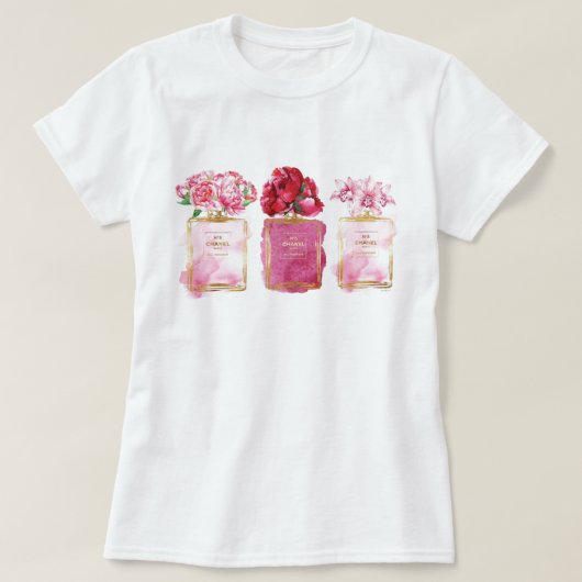 香水ボトルピンクパリスタイルアロマティックフラワー Tシャツ (デザイン正面)