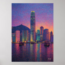 香港のスカイライン点描主義の夕焼けの都市景観 ポスター