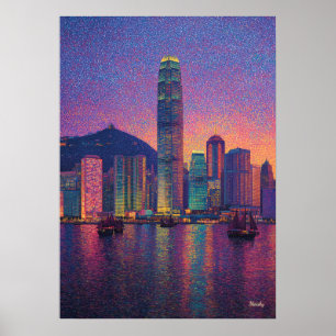 香港のスカイライン点描主義の夕焼けの都市景観 ポスター