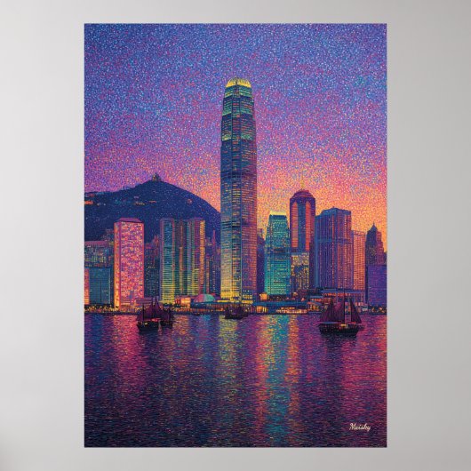 香港のスカイライン点描主義の夕焼けの都市景観 ポスター (正面)