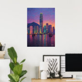 香港のスカイライン点描主義の夕焼けの都市景観 ポスター (ホームオフィス)