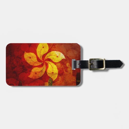 香港のスカイラインHKはグランジな背景Illustに印を付けます ラゲッジタグ (正面横)