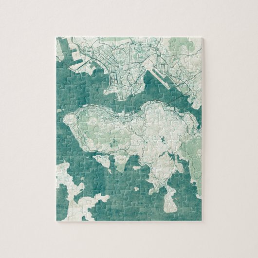 香港の地図の青いヴィンテージの水彩画 ジグソーパズル (縦)