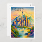 香港スカイライン水彩絵葉書 | 移動Gif シーズンポストカード (正面/裏面)