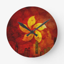 香港スカイラインHK国旗の背グランジ景イラースト