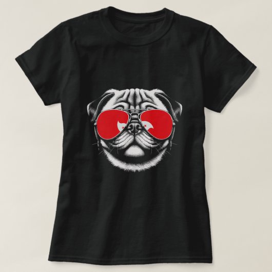 香港パグ航空犬サングラス国旗 Tシャツ (デザイン正面)
