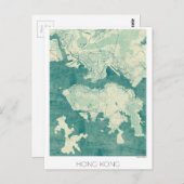 香港マップブルーヴィンテージ水彩 ポストカード (正面/裏面)