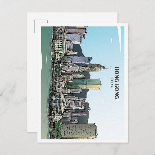 香港中国スケッチアートヴィンテージトラベル ポストカード (正面/裏面)