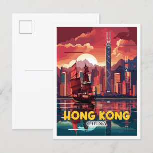 香港中国ヴィンテージ旅行イラストレーション ポストカード