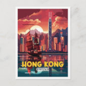 香港中国ヴィンテージ旅行イラストレーション ポストカード (正面)