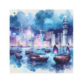 香港鮮やか港：水彩夜景 メタルプリント
