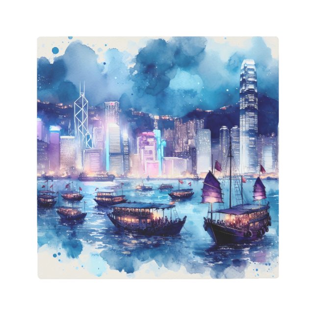 香港鮮やか港：水彩夜景 メタルプリント (正面)