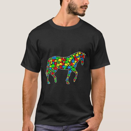 馬おもしろいパズル動物自閉症に対する認識 Tシャツ (正面)