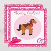 馬およびピンクのペイズリーの女性のカーボーイの誕生会 招待状 (正面/裏面)