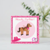 馬およびピンクのペイズリーの女性のカーボーイの誕生会 招待状 (スタンド正面)