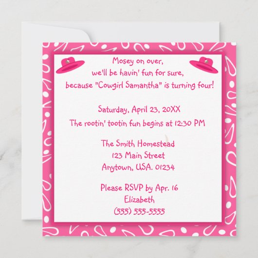馬およびピンクのペイズリーの女性のカーボーイの誕生会 招待状 (裏面)