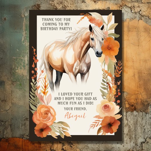 馬かわいらしと桃の花の水彩誕生日 サンキューカード