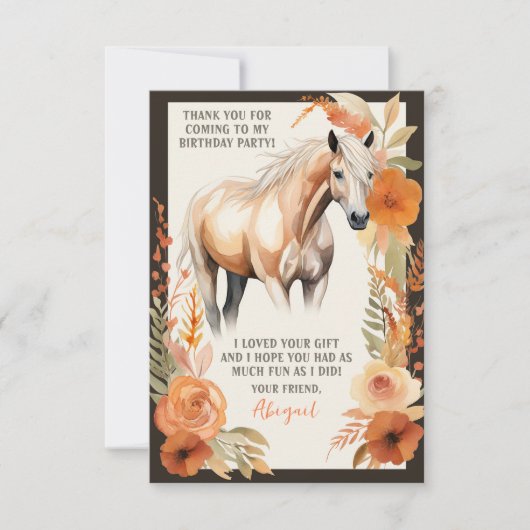 馬かわいらしと桃の花の水彩誕生日 サンキューカード (正面)