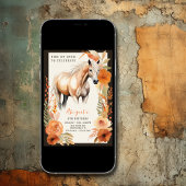 馬かわいらしと桃の花の水彩誕生日 招待状