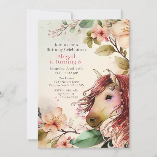馬かわいらしと花の写真誕生日 招待状 (正面)