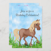 馬かわいらしと花誕生日招待状 招待状 (正面/裏面)