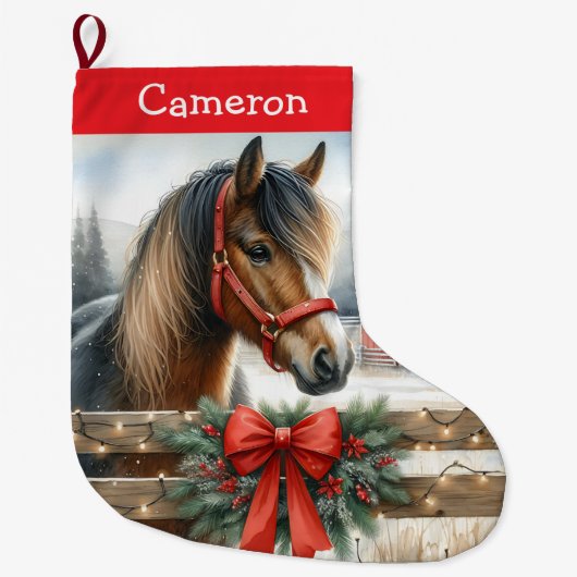 馬かわいらしパーソナライズされた ラージクリスマスストッキング (正面)